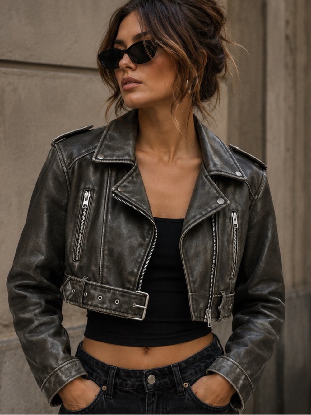 ZARA Viral Faux Leather Cropped Biker Jacket - Dark Brown - Size S